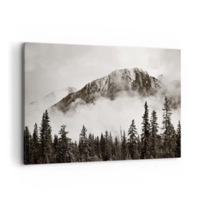 Cuadro sobre lienzo - Impresión de Imagen - Un pintoresco pico de montaña rodeado de niebla y un bosque en tonos sepia. - 120x80cm - Gobernante de granito - Decoración de pared moderna para salón y dormitorio ARTTOR
