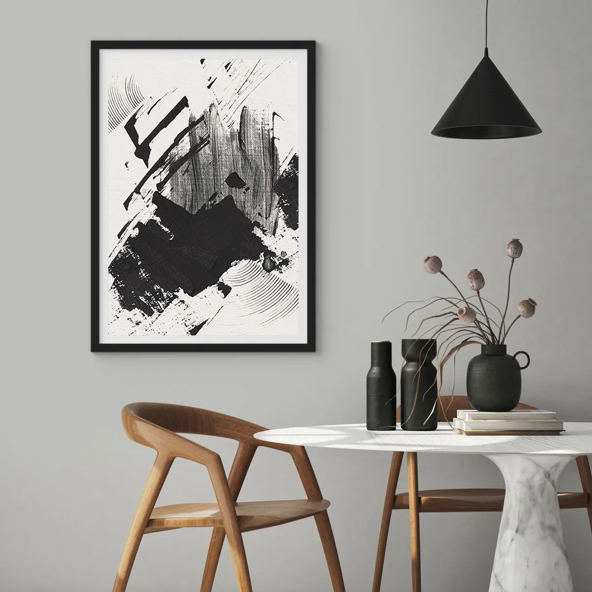 Póster en marco negro - Pinceladas abstractas en blanco y negro - 50x70cm - Abstracción: la expresión del negro - Decoración de pared moderna para salón y dormitorio ARTTOR