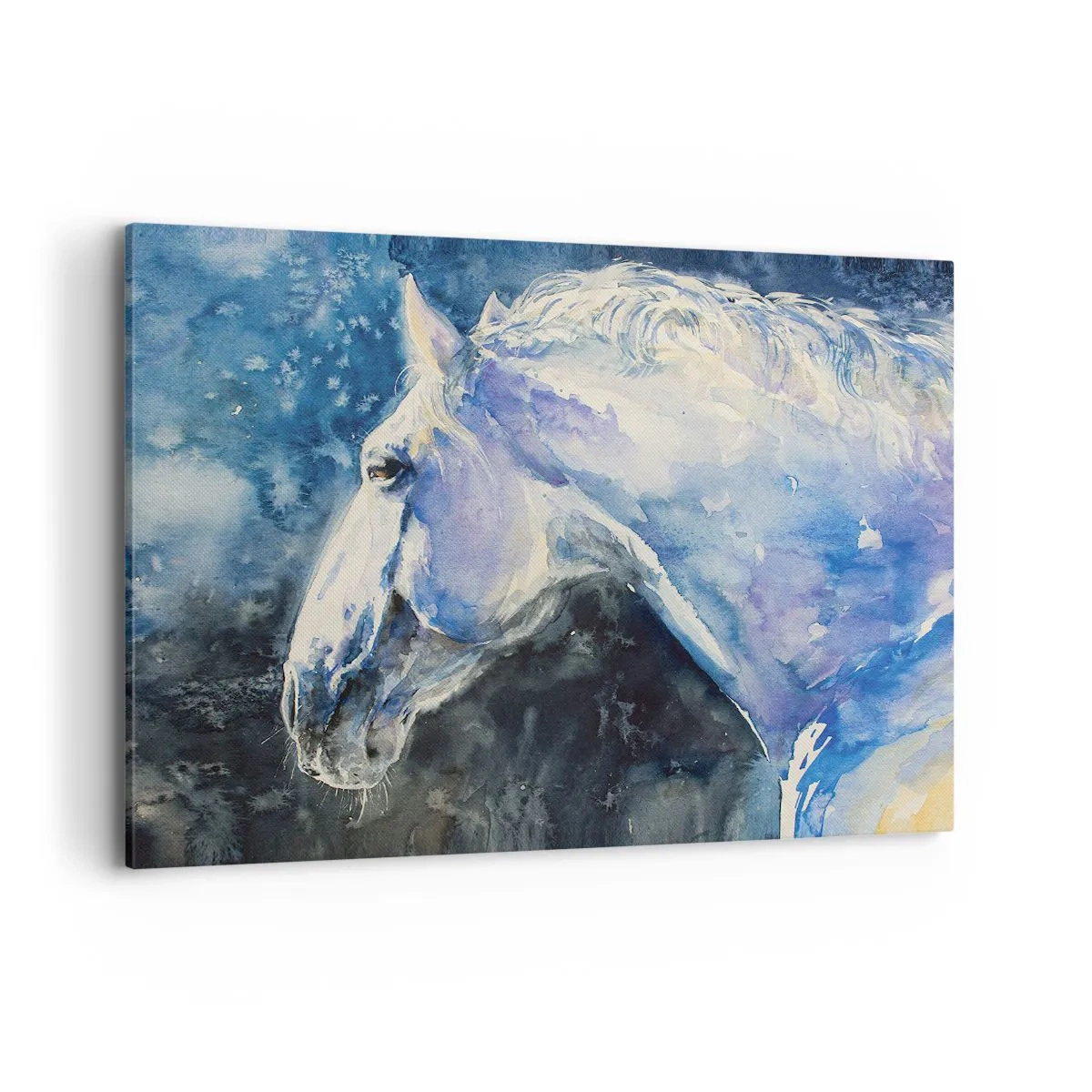 Cuadro sobre lienzo - Impresión de Imagen - Un retrato de un caballo en tonos azules con un efecto de acuarela pictórica. - 120x80cm - Retrato en un resplandor azul - Decoración de pared moderna para salón y dormitorio ARTTOR