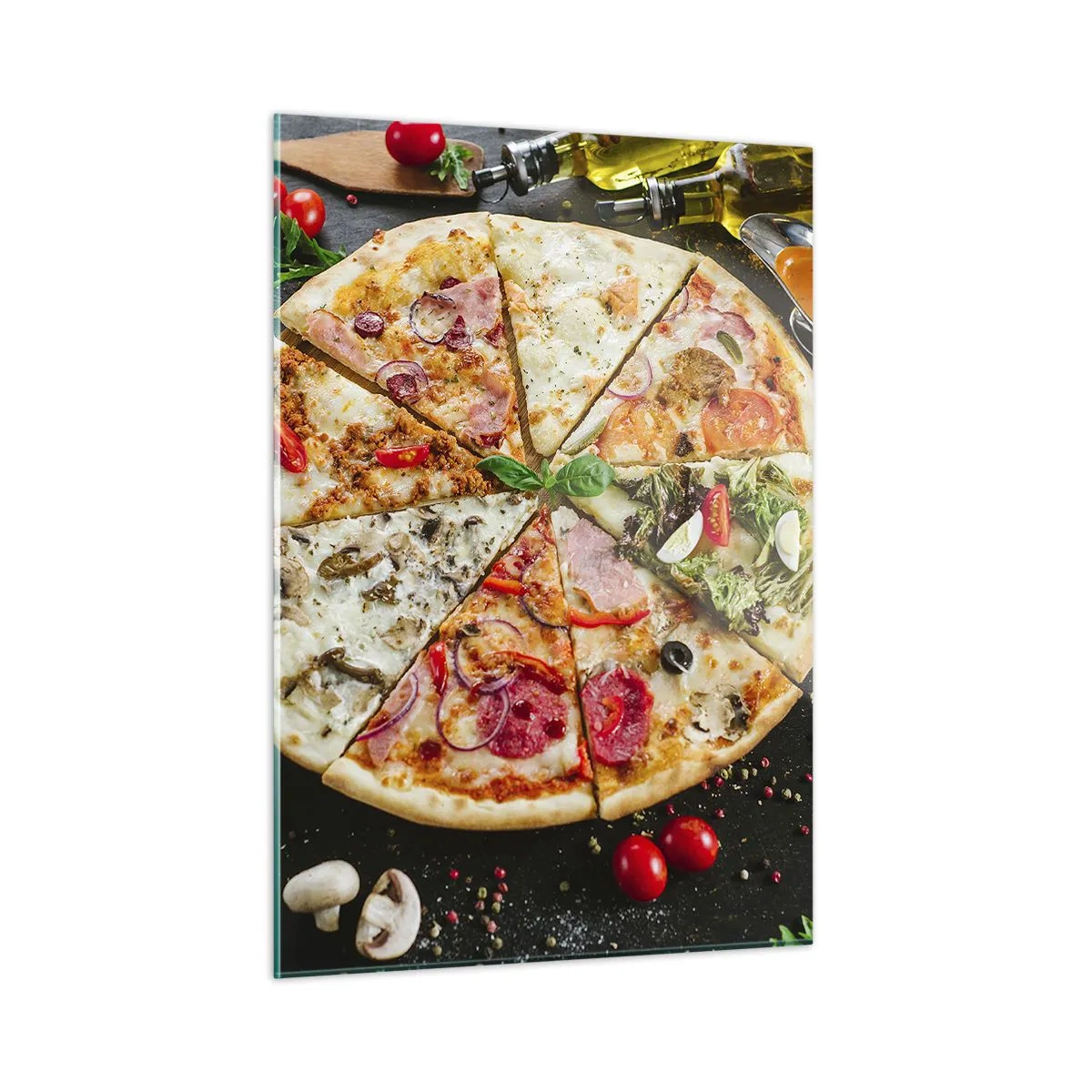 Cuadro sobre vidrio - Impresiones sobre Vidrio - Pizza de varios sabores con aderezos sobre un fondo oscuro. - 50x70cm - Una gama de gustos - Decoración de pared moderna para salón y dormitorio ARTTOR