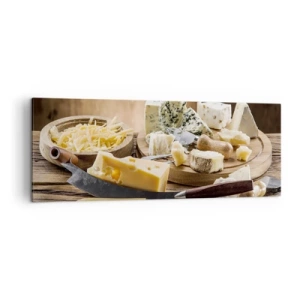 Cuadro sobre lienzo - Impresión de Imagen - Una tabla de quesos con diferentes tipos sobre una mesa de madera. - 140x50cm - Degustación de quesos - Decoración de pared moderna para salón y dormitorio ARTTOR