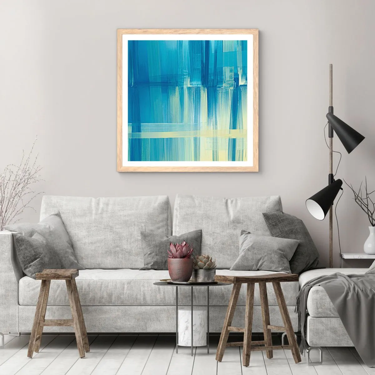 Póster en marco roble claro - Composición en turquesa - 60x60 cm