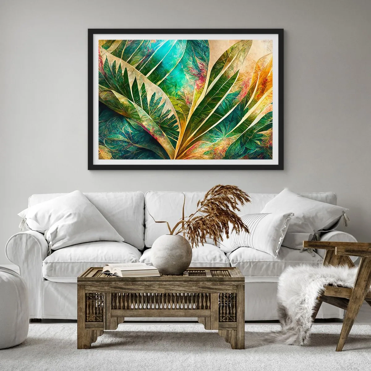 Póster en marco negro - Hojas tropicales coloridas sobre un fondo claro - 70x50cm - Los colores del trópico - Decoración de pared moderna para salón y dormitorio ARTTOR
