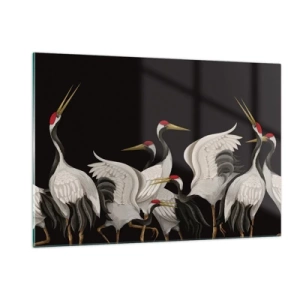 Cuadro sobre vidrio - Impresiones sobre Vidrio - Grullas blancas con cabezas rojas sobre fondo negro - 120x80cm - Asuntos de aves - Decoración de pared moderna para salón y dormitorio ARTTOR