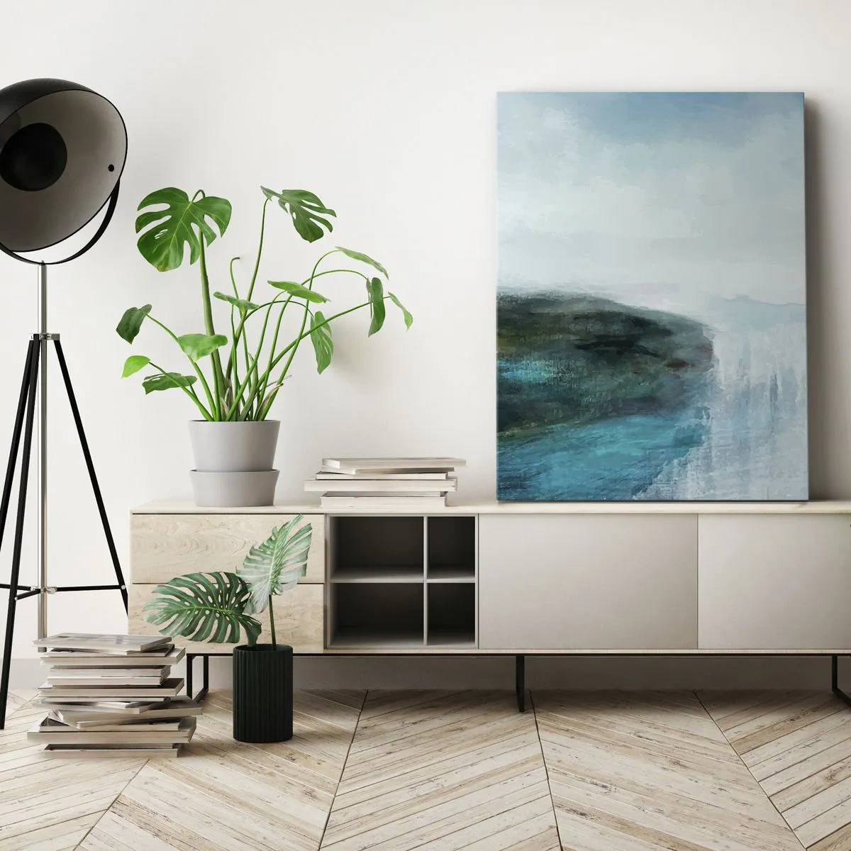 Cuadro sobre lienzo - Impresión de Imagen - Paisaje abstracto en tonos turquesa y gris. - 50x70cm - Abstracción marina - Decoración de pared moderna para salón y dormitorio ARTTOR