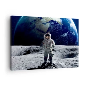 Cuadro sobre lienzo - Impresión de Imagen - Astronauta en la superficie de la Luna con la Tierra al fondo - 70x50cm - Saludos desde la Luna - Decoración de pared moderna para salón y dormitorio ARTTOR