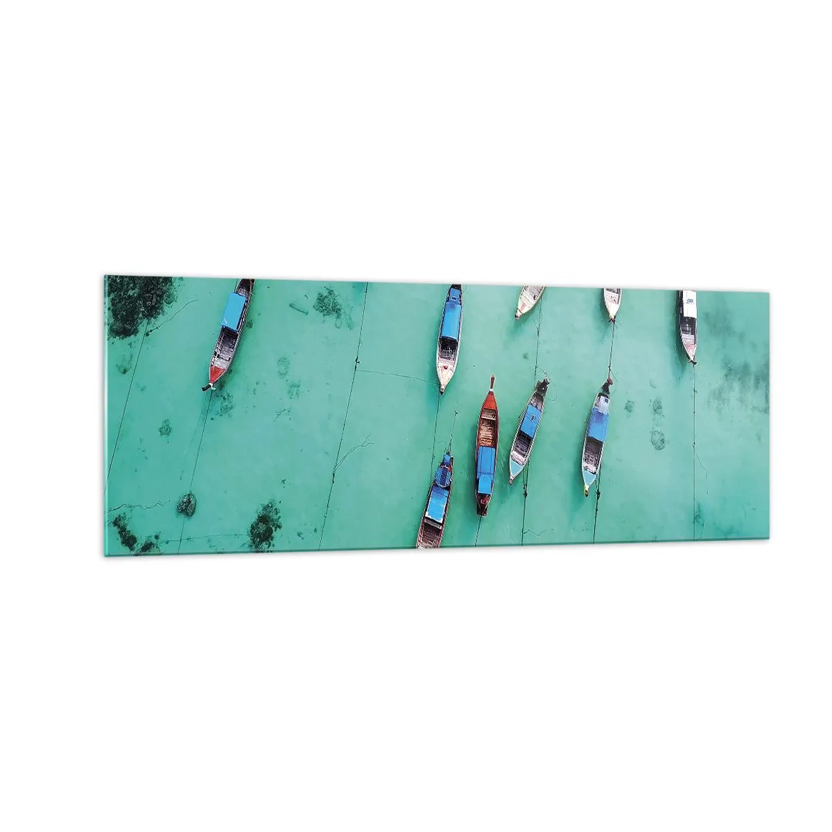 Cuadro sobre vidrio - Impresiones sobre Vidrio - Una vista aérea de barcos en aguas turquesas. - 140x50cm - En alegre espera - Decoración de pared moderna para salón y dormitorio ARTTOR
