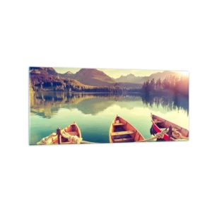 Cuadro sobre vidrio - Impresiones sobre Vidrio - Barcos en un lago tranquilo rodeado de montañas al atardecer - 120x50cm - Para vivir según sus leyes - Decoración de pared moderna para salón y dormitorio ARTTOR