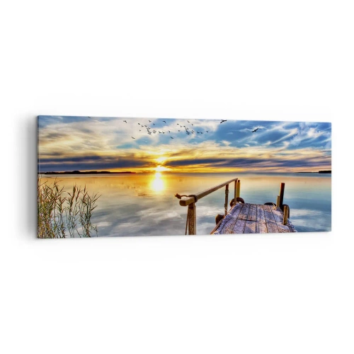 Cuadro sobre lienzo - Impresión de Imagen - Muelle de madera sobre el lago al atardecer - 140x50cm - El viento se va a descansar - Decoración de pared moderna para salón y dormitorio ARTTOR