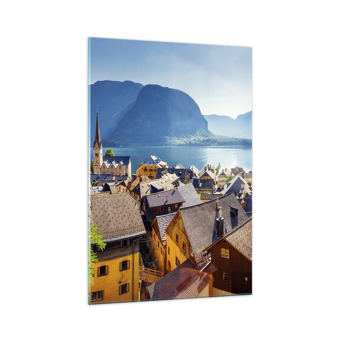 Cuadro sobre vidrio - Impresiones sobre Vidrio - Un pintoresco pueblo junto a un lago rodeado de montañas en un día soleado. - 70x100cm - No podría ser más pintoresco - Decoración de pared moderna para salón y dormitorio ARTTOR