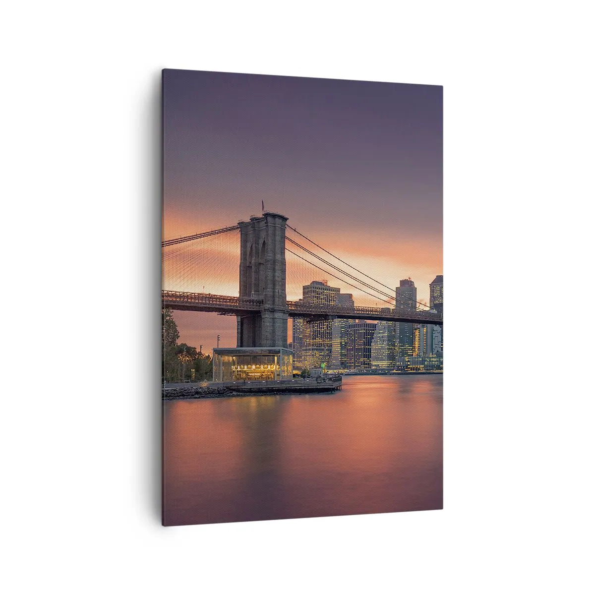 Cuadro sobre lienzo - Impresión de Imagen - Panorama nocturno de la ciudad con un puente y un cielo iluminado. - 70x100cm - Ahogado en el silencio lila - Decoración de pared moderna para salón y dormitorio ARTTOR