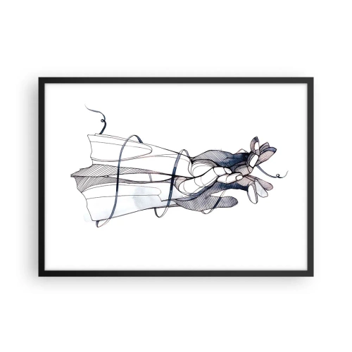 Póster en marco negro - Un dibujo sutil de una mano con una delicada flor. - 70x50cm - Un estudio sobre el contacto - Decoración de pared moderna para salón y dormitorio ARTTOR