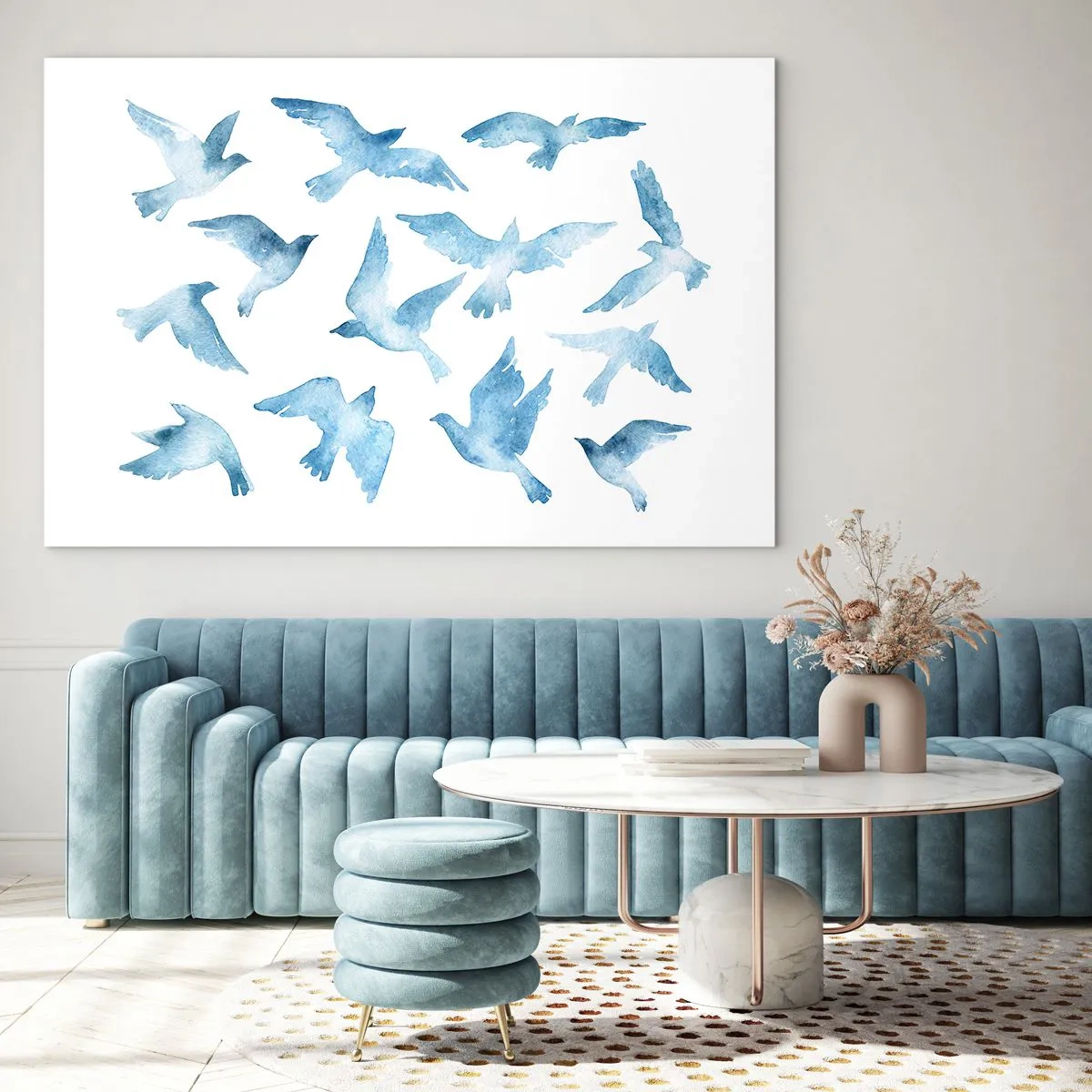 Cuadro sobre vidrio - Impresiones sobre Vidrio - Ilustración de pájaros azules sobre un fondo blanco - 70x50cm - Pájaros azules - Decoración de pared moderna para salón y dormitorio ARTTOR