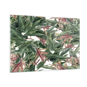 Cuadro sobre vidrio - Impresiones sobre Vidrio - Hojas en tonos verdes y burdeos sobre un fondo claro. - 100x70cm - Naturaleza esmeralda y lila - Decoración de pared moderna para salón y dormitorio ARTTOR