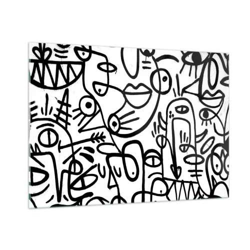 Cuadro sobre vidrio - Impresiones sobre Vidrio - Abstracción en blanco y negro con ojos, caras y líneas. - 100x70cm - Rostros y espejismos - Decoración de pared moderna para salón y dormitorio ARTTOR