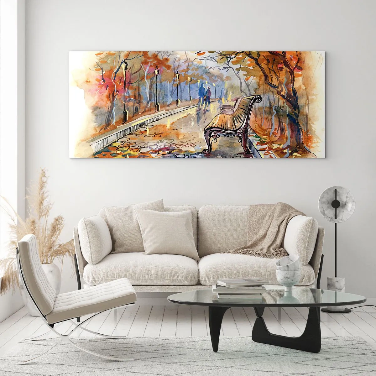 Cuadro sobre vidrio - Impresiones sobre Vidrio - Un parque otoñal con un banco en acuarela. - 140x50cm - Caminemos juntos hacia el otoño - Decoración de pared moderna para salón y dormitorio ARTTOR