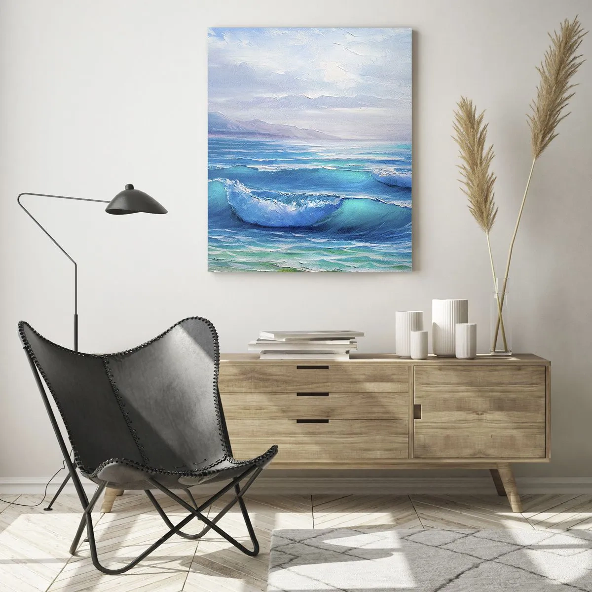 Cuadro sobre vidrio - Impresiones sobre Vidrio - Olas azules del mar golpeando la orilla en un día soleado - 50x70cm - Trae consuelo - Decoración de pared moderna para salón y dormitorio ARTTOR