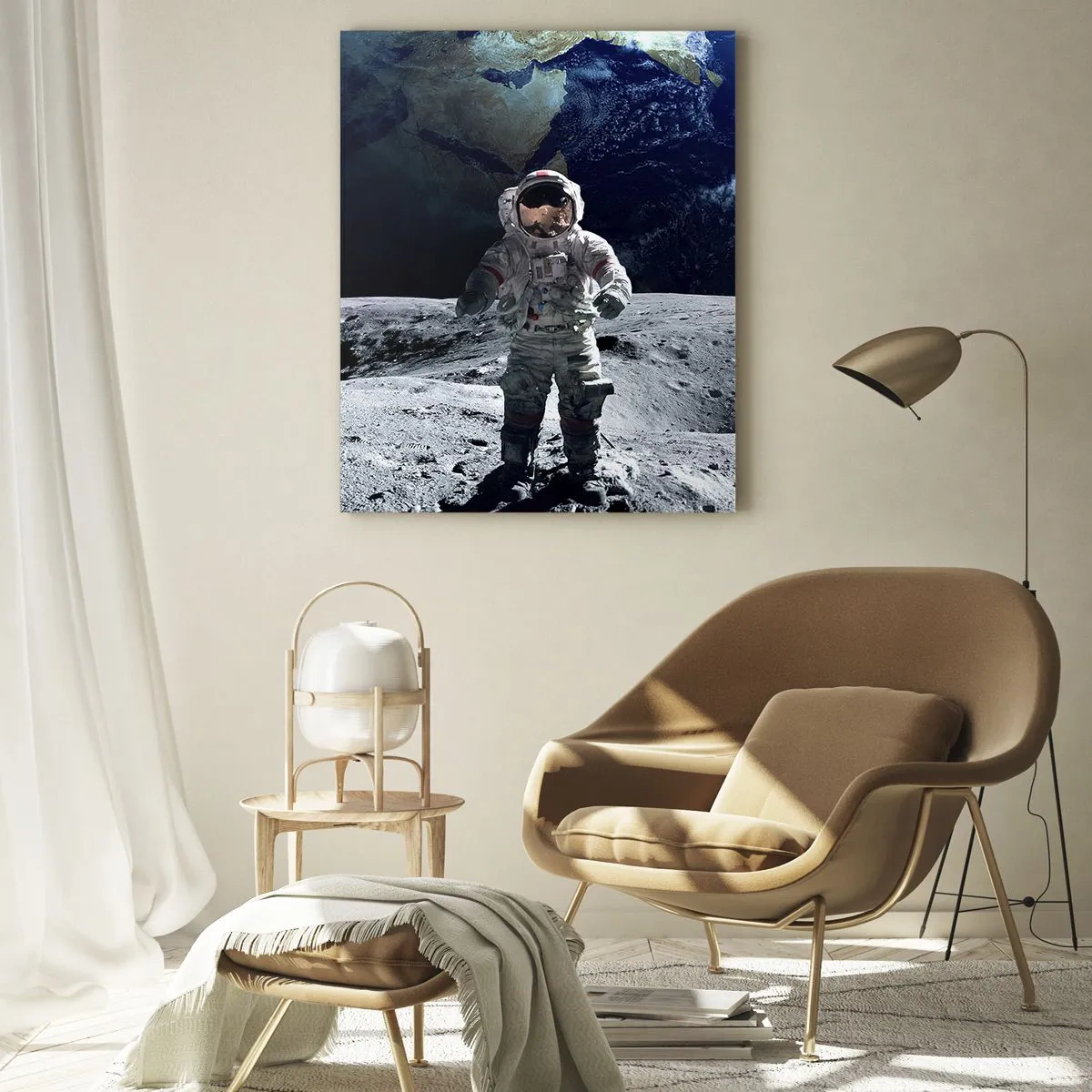 Cuadro sobre vidrio - Impresiones sobre Vidrio - Astronauta en la superficie de la Luna con la Tierra al fondo - 50x70cm - Saludos desde la Luna - Decoración de pared moderna para salón y dormitorio ARTTOR