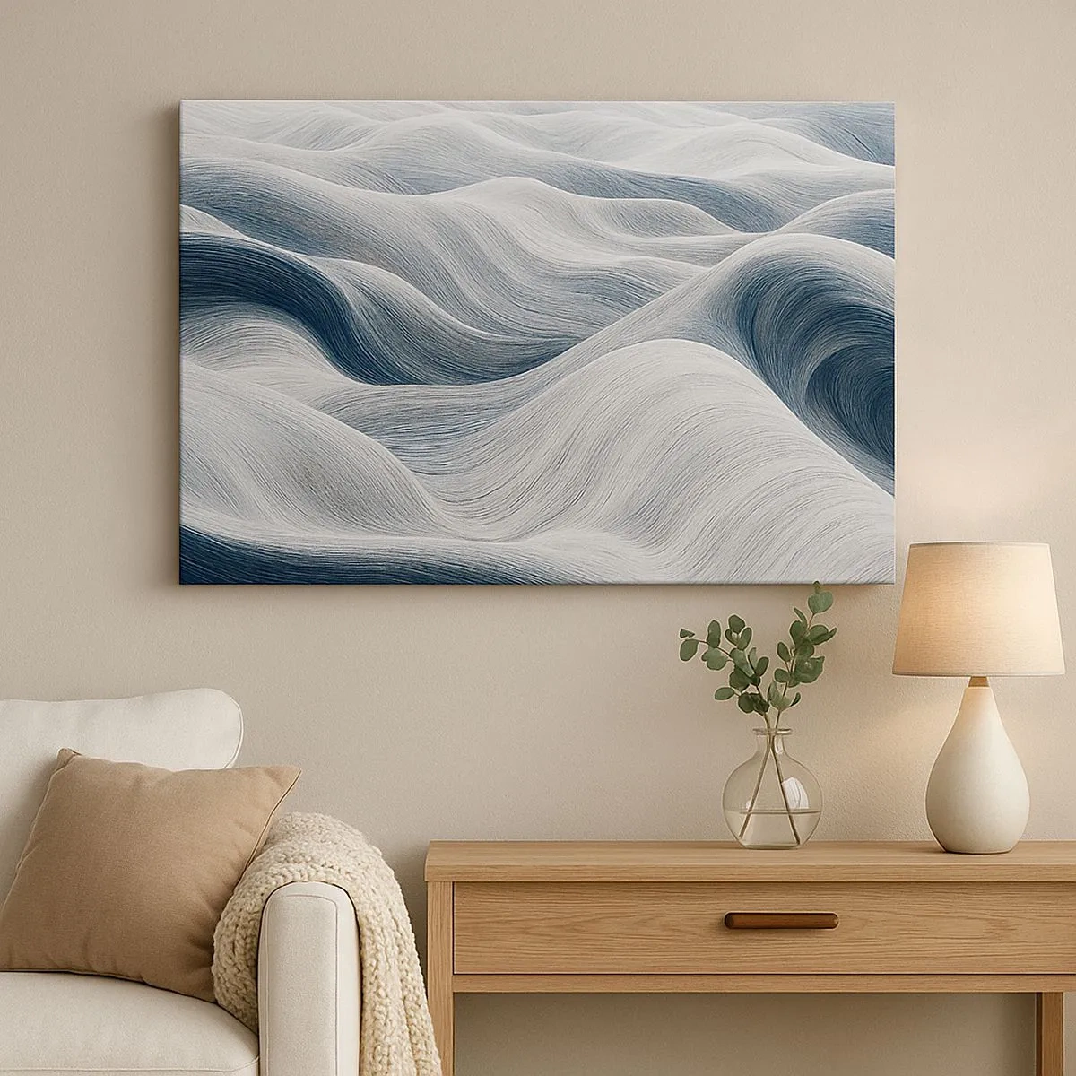 Cuadro sobre lienzo - Impresión de Imagen - Líneas onduladas en tonos azules y blancos. - 70x50cm - Olas blancas y azules - Decoración de pared moderna para salón y dormitorio ARTTOR