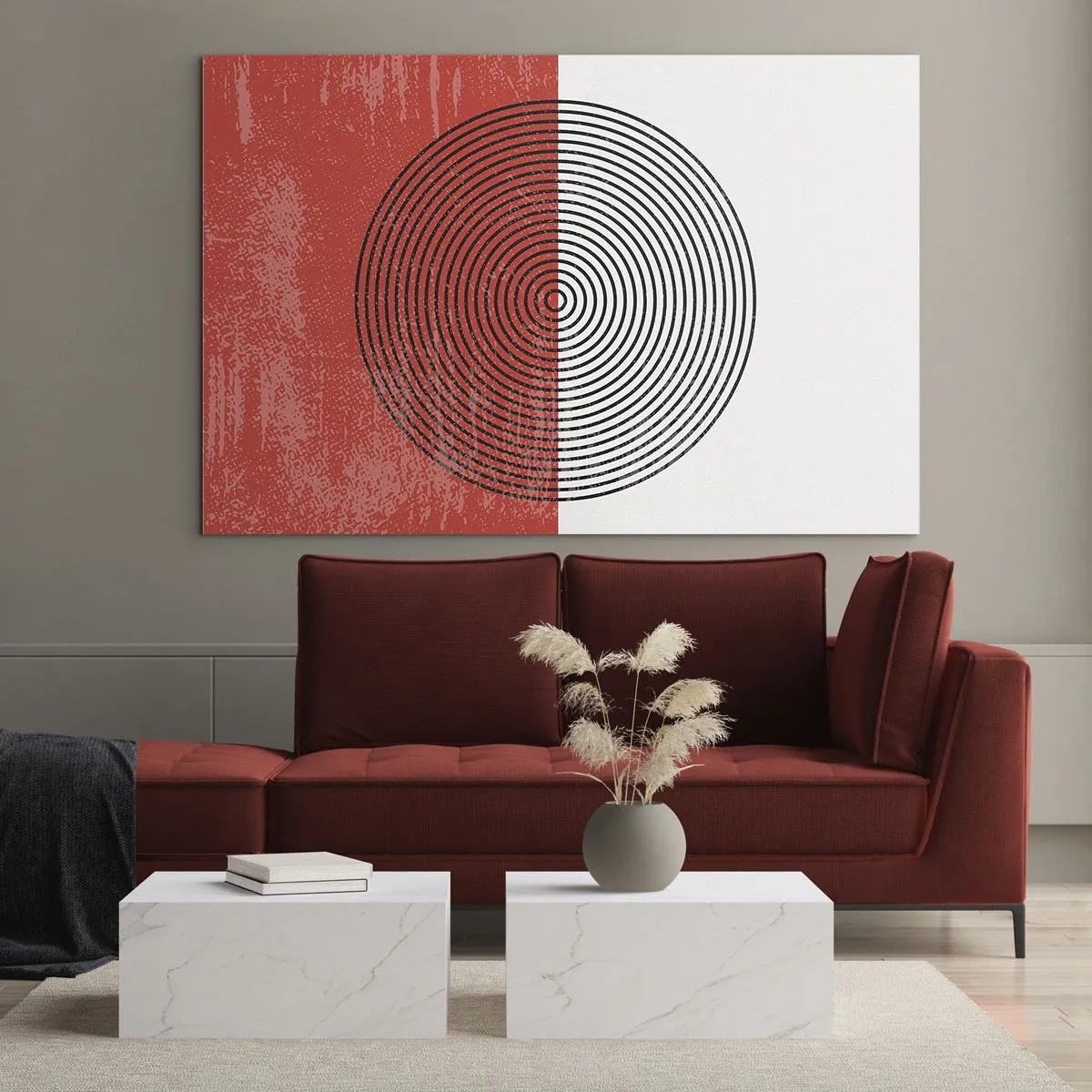 Cuadro sobre vidrio - Impresiones sobre Vidrio - Patrón geométrico con un círculo sobre un fondo rojo y blanco. - 70x50cm - En el corazón de la misma - Decoración de pared moderna para salón y dormitorio ARTTOR
