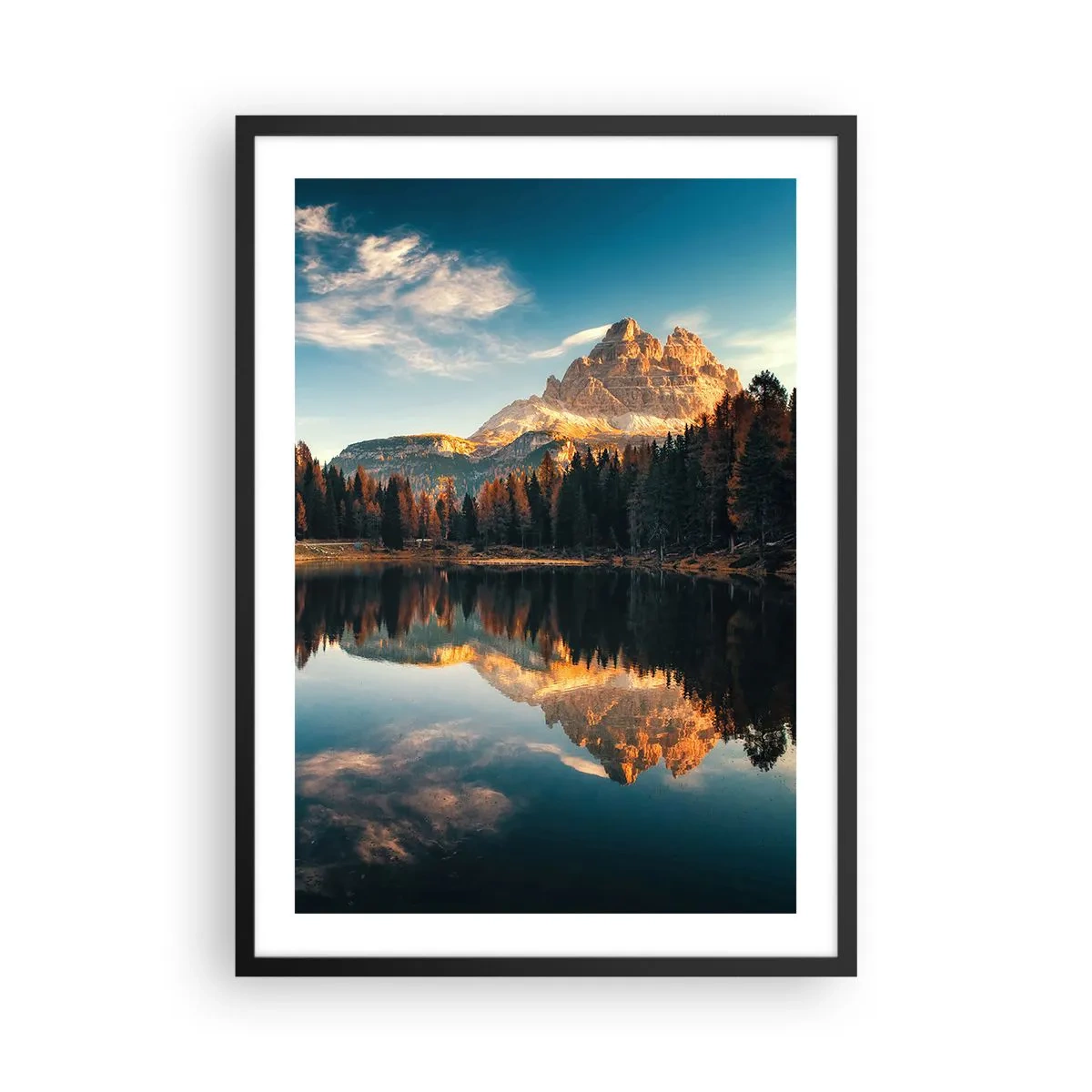 Póster en marco negro - Un pico de montaña reflejado en un lago tranquilo. - 50x70cm - Paisaje duplicado - Decoración de pared moderna para salón y dormitorio ARTTOR