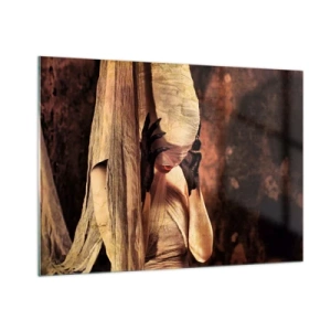 Cuadro sobre vidrio - Impresiones sobre Vidrio - Una mujer misteriosa rodeada de telas doradas. - 100x70cm - Entre el bien y el mal - Decoración de pared moderna para salón y dormitorio ARTTOR