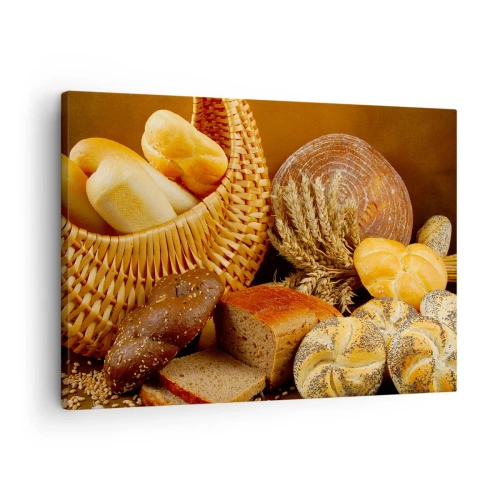 Cuadro sobre lienzo - Impresión de Imagen - Varios panes en una cesta de mimbre sobre un fondo dorado. - 70x50cm - Nos han vuelto a hornear - Decoración de pared moderna para salón y dormitorio ARTTOR