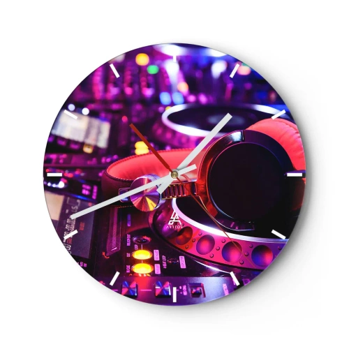 Reloj de pared - Reloj de vidrio - Auriculares de DJ en una consola con iluminación de neón. - 30x30cm - Antes de que comience la diversión - Decoración de pared moderna para salón, cocina y dormitorio ARTTOR