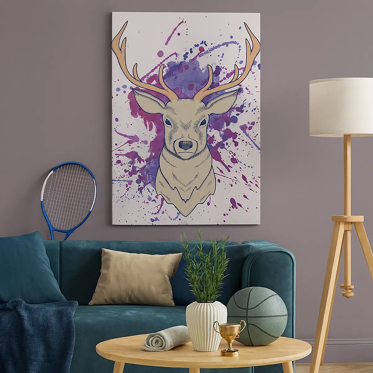 Cuadro sobre lienzo - Impresión de Imagen - Retrato de un ciervo con manchas abstractas en el fondo. - 50x70cm - Valor y equilibrio - Decoración de pared moderna para salón y dormitorio ARTTOR