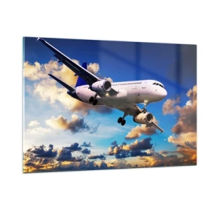 Cuadro sobre vidrio - Impresiones sobre Vidrio - Un avión en vuelo contra un cielo pintoresco. - 120x80cm - Un viaje en blanco y azul - Decoración de pared moderna para salón y dormitorio ARTTOR