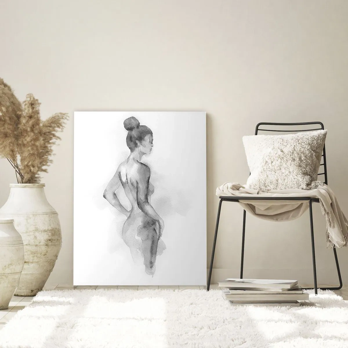 Cuadro sobre vidrio - Impresiones sobre Vidrio - Una sutil silueta femenina pintada en acuarela sobre un fondo blanco. - 50x70cm - Tan hermosa como la pintura - Decoración de pared moderna para salón y dormitorio ARTTOR