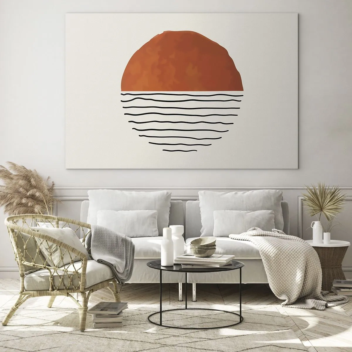 Cuadro sobre vidrio - Impresiones sobre Vidrio - Sol minimalista sobre la línea de onda - 120x80cm - En un ambiente japonés - Decoración de pared moderna para salón y dormitorio ARTTOR
