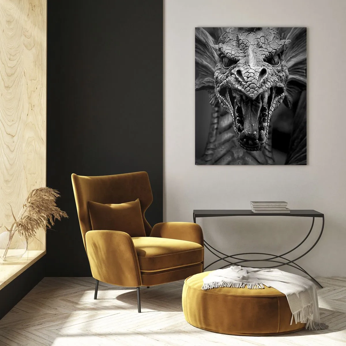 Cuadro sobre vidrio - Impresiones sobre Vidrio - Retrato detallado de un dragón en blanco y negro. - 50x70cm - Dragón de cuento de hadas en gris - Decoración de pared moderna para salón y dormitorio ARTTOR