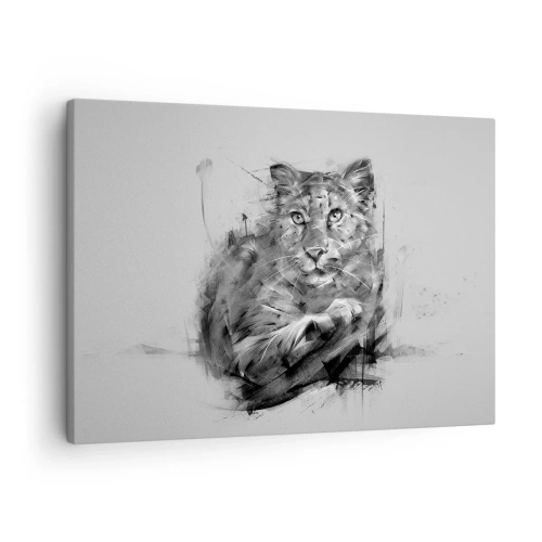 Cuadro sobre lienzo - Impresión de Imagen - Retrato en blanco y negro de un león en un estilo artístico con trazos dinámicos. - 70x50cm - Sí, estoy escuchando - Decoración de pared moderna para salón y dormitorio ARTTOR