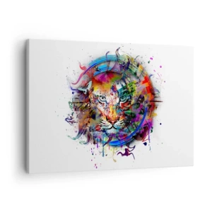 Cuadro sobre lienzo - Impresión de Imagen - Retrato colorido de un león en estilo abstracto. - 70x50cm - Al acecho tras la cortina arco iris - Decoración de pared moderna para salón y dormitorio ARTTOR