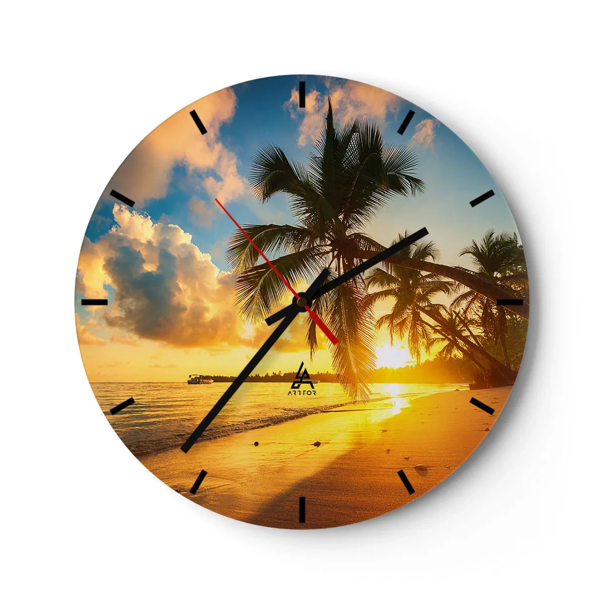 Reloj de pared - Reloj de vidrio - Una playa con palmeras iluminada por el sol poniente. - 30x30cm - Un sueño caribeño - Decoración de pared moderna para salón, cocina y dormitorio ARTTOR