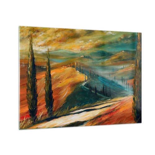 Cuadro sobre vidrio - Impresiones sobre Vidrio - Puesta de sol sobre una colina toscana - 70x50cm - Paisaje toscano - Decoración de pared moderna para salón y dormitorio ARTTOR