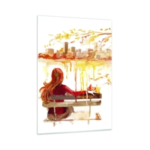 Cuadro sobre vidrio - Impresiones sobre Vidrio - Una figura en un banco con vistas a la ciudad en acuarela. - 50x70cm - Un momento de reflexión - Decoración de pared moderna para salón y dormitorio ARTTOR