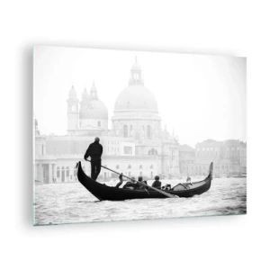 Cuadro sobre vidrio - Impresiones sobre Vidrio - Una góndola en blanco y negro con el paisaje de Venecia como telón de fondo. - 70x50cm - Un viaje a la fuente de la belleza - Decoración de pared moderna para salón y dormitorio ARTTOR