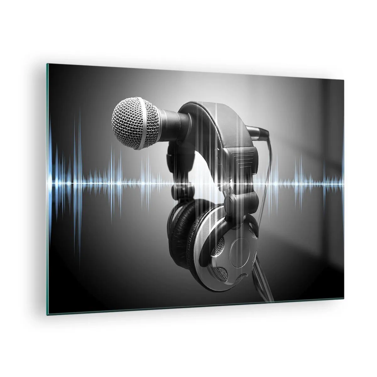 Cuadro sobre vidrio - Impresiones sobre Vidrio - Micrófono con auriculares sobre un fondo de ondas sonoras. - 70x50cm - Todavía se puede escuchar el canto - Decoración de pared moderna para salón y dormitorio ARTTOR