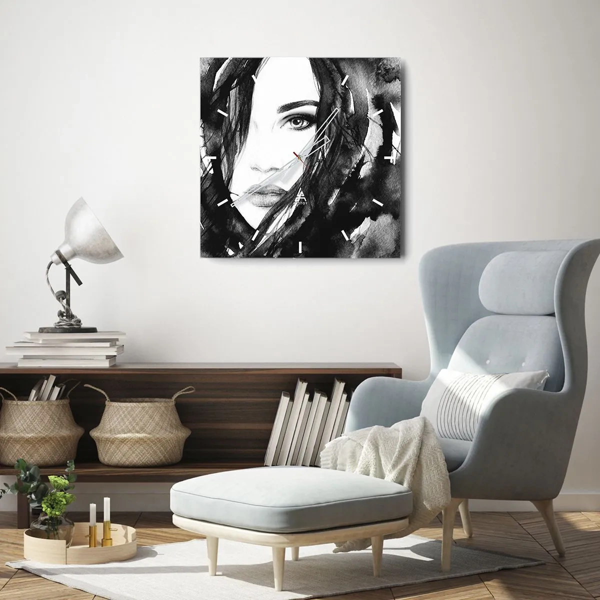 Reloj de pared - Reloj de vidrio - Retrato de una mujer en acuarela en blanco y negro - 30x30cm - Retrato de una dama en blanco y negro - Decoración de pared moderna para salón y dormitorio ARTTOR