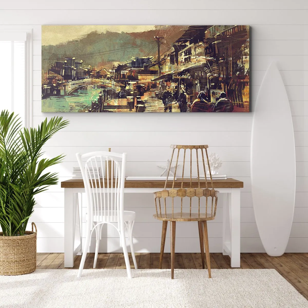 Cuadro sobre lienzo - Impresión de Imagen - Un pueblo con un puente y calles de estilo artístico. - 120x50cm - La vida como riqueza de grises - Decoración de pared moderna para salón y dormitorio ARTTOR