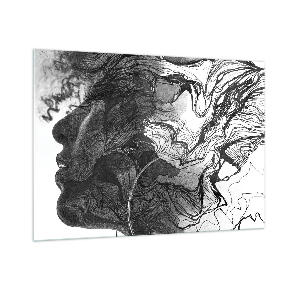 Cuadro sobre vidrio - Impresiones sobre Vidrio - Silueta en blanco y negro de una mujer con líneas abstractas. - 100x70cm - Enredada en sueños - Decoración de pared moderna para salón y dormitorio ARTTOR