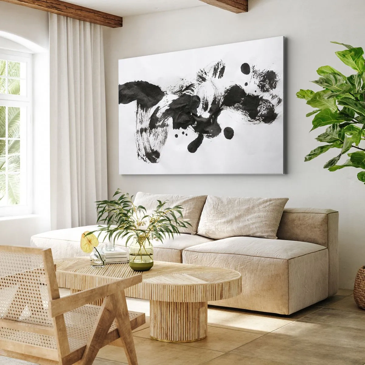 Cuadro sobre lienzo - Impresión de Imagen - Composición abstracta de manchas negras sobre fondo blanco. - 70x50cm - ¿Un método en la locura? - Decoración de pared moderna para salón y dormitorio ARTTOR