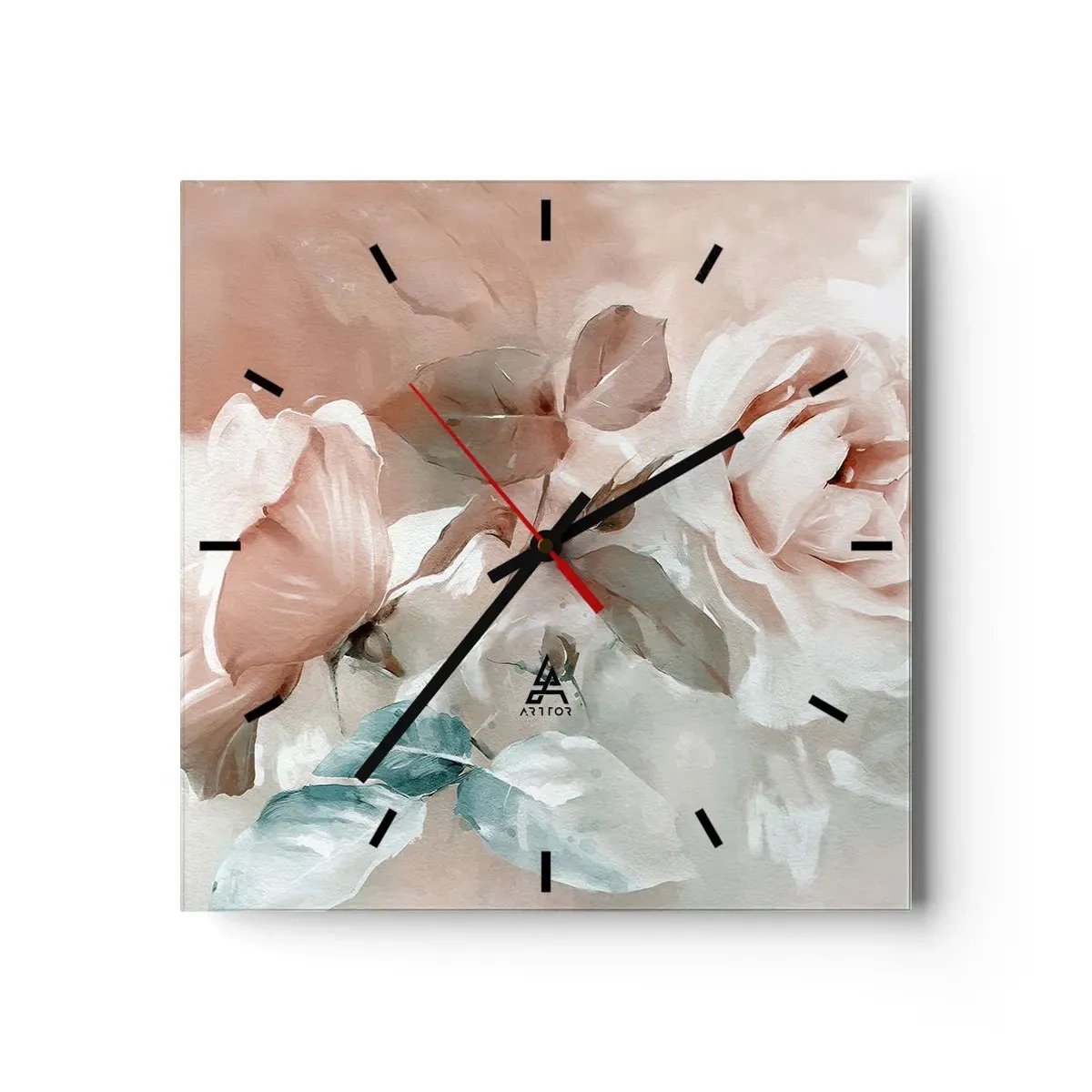 Reloj de pared - Reloj de vidrio - Delicadas rosas en tonos pastel sobre un fondo claro. - 30x30cm - El espíritu del romanticismo - Decoración de pared moderna para salón y dormitorio ARTTOR