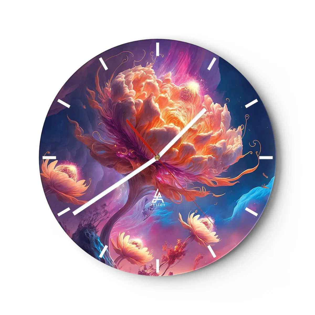 Reloj de pared - Reloj de vidrio - Una flor fantástica iluminada en un paisaje cósmico. - 30x30cm - Otro mundo - Decoración de pared moderna para salón, cocina y dormitorio ARTTOR