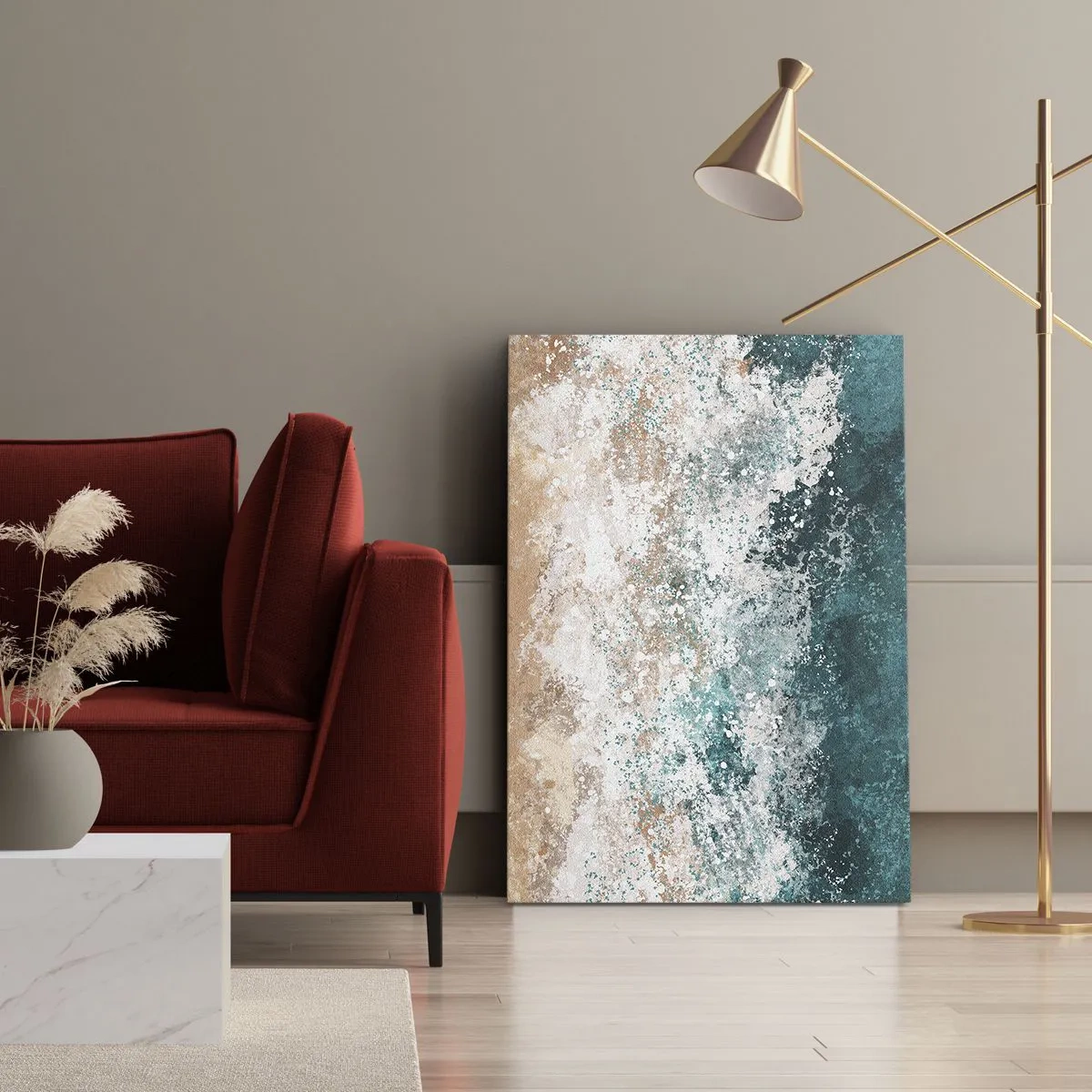 Cuadro sobre lienzo - Impresión de Imagen - Ola marina abstracta en tonos turquesa y beige - 50x70cm - Historias del mar - Decoración de pared moderna para salón y dormitorio ARTTOR