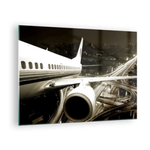 Cuadro sobre vidrio - Impresiones sobre Vidrio - Un avión sobre la ciudad por la noche con un ambiente industrial. - 70x50cm - Vuela hacia la noche - Decoración de pared moderna para salón y dormitorio ARTTOR