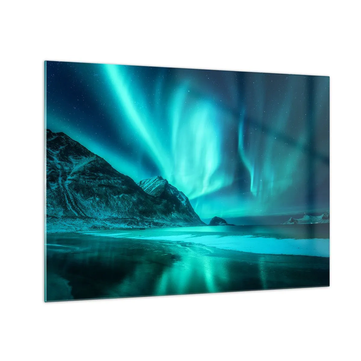 Cuadro sobre vidrio - Impresiones sobre Vidrio - Aurora boreal sobre un paisaje montañoso y un mar helado - 70x50cm - Maravillas del norte - Decoración de pared moderna para salón y dormitorio ARTTOR