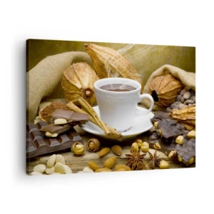 Cuadro sobre lienzo - Impresión de Imagen - Una taza de chocolate caliente rodeada de cacao y canela. - 70x50cm - Para los que buscan emociones - Decoración de pared moderna para salón y dormitorio ARTTOR
